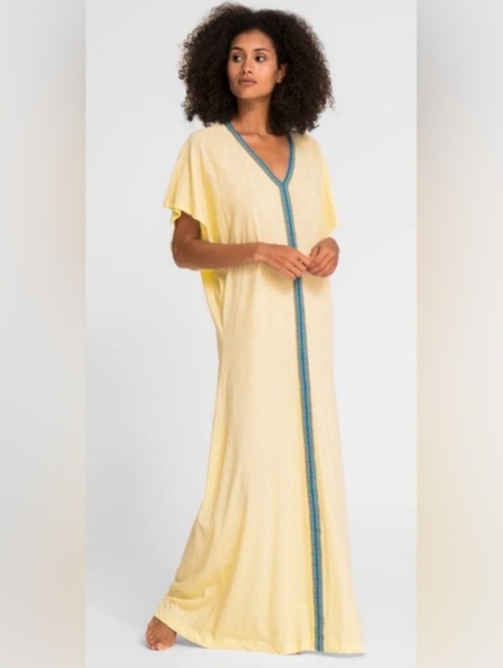 Pitusa Yellow Pima Abaya Maxi Dress with Inca Trim Resortwear Size Standard